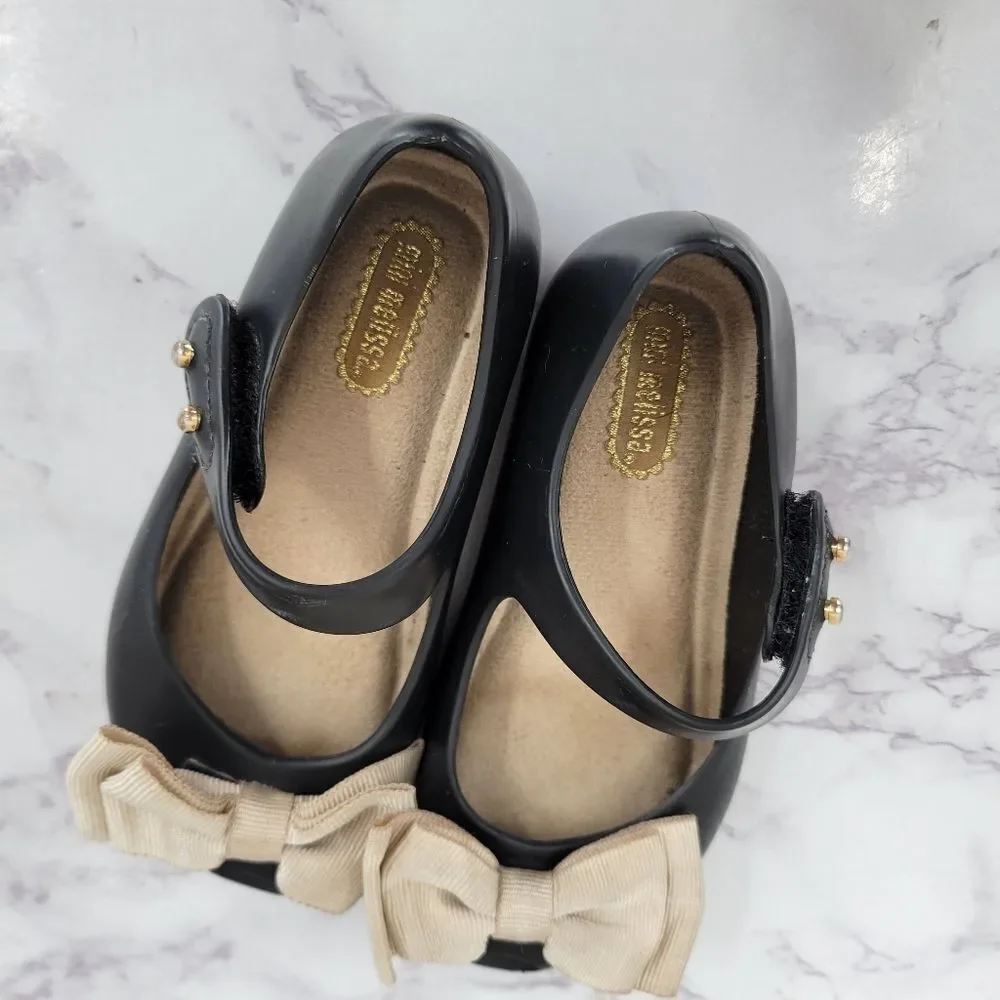 Mini Melissa Peep Toe Black Mary Jane Kids Shoes with Bow Rubber Jelly Dress